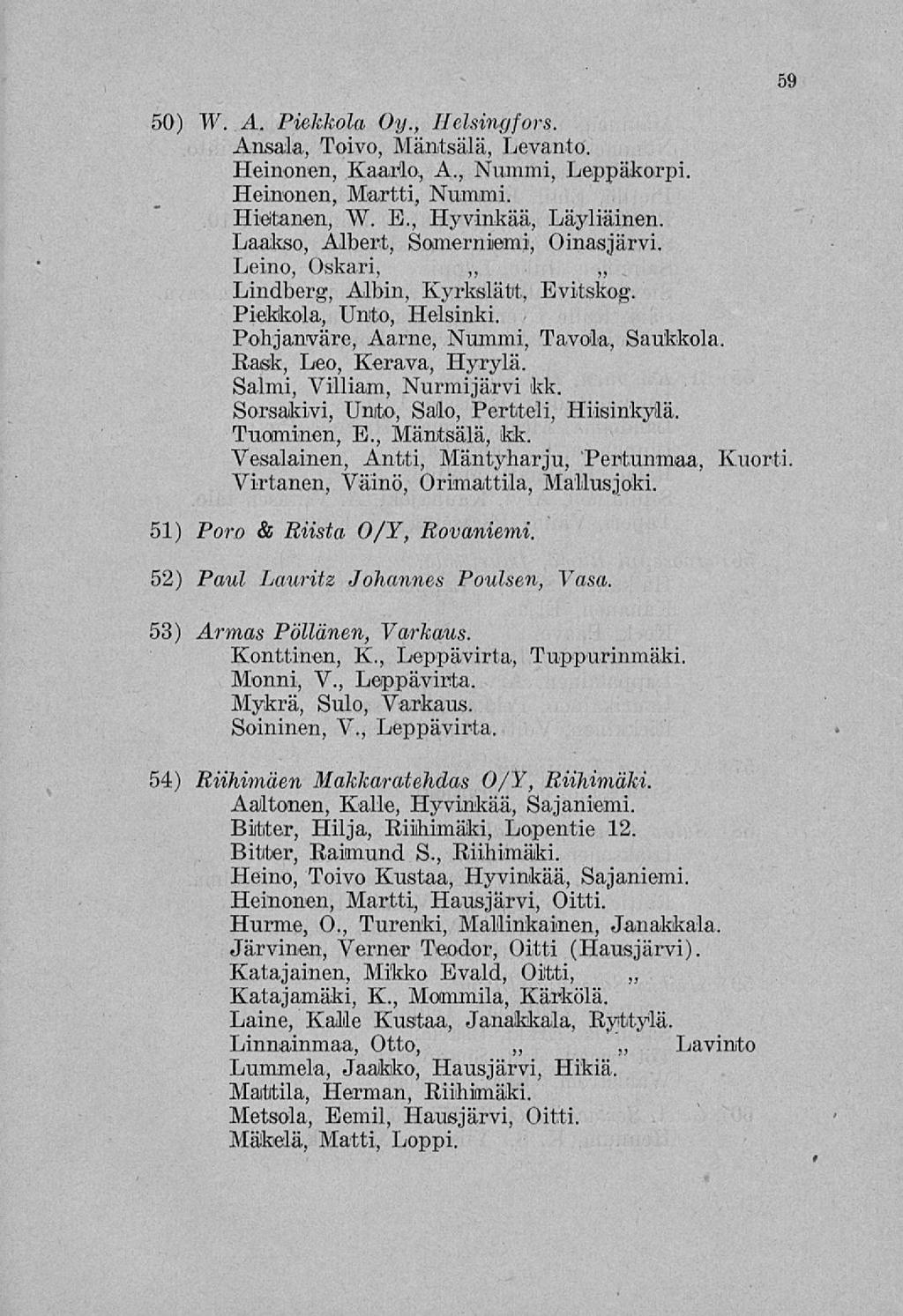 50) W. A. Piekkola Oy., Helsingfors. Ansala, Toivo, Mäntsälä, Levanto. Heinonen, Kaarlo., A., Nummi, Leppäkorpi. Heinonen, Martti, Nummi. Hietanen, W. E., Hyvinkää, Läyliäinen.