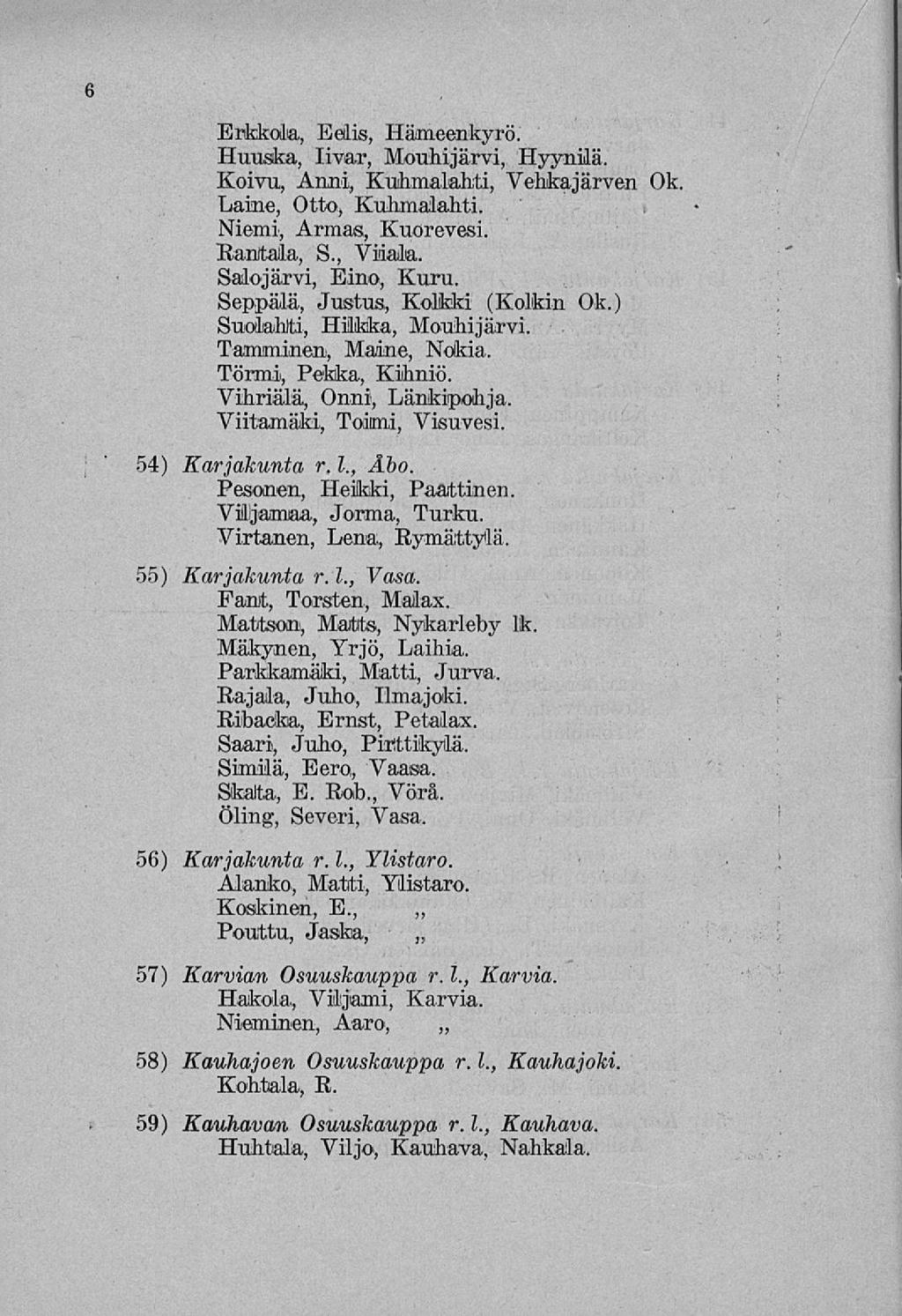 6 Erkkola, Eelis, Hämeenkyrö. Huvska, livar, Mouhijärvi, Hyynilä. Koivu, Anni, Kuhmalahti, Vehkajärven Ok. Laine, Otto, Kuhmalahti. Niemi, Armas, Kuorevesi. Rantala, S., Viiala. Salojärvi, Eino, Kuru.