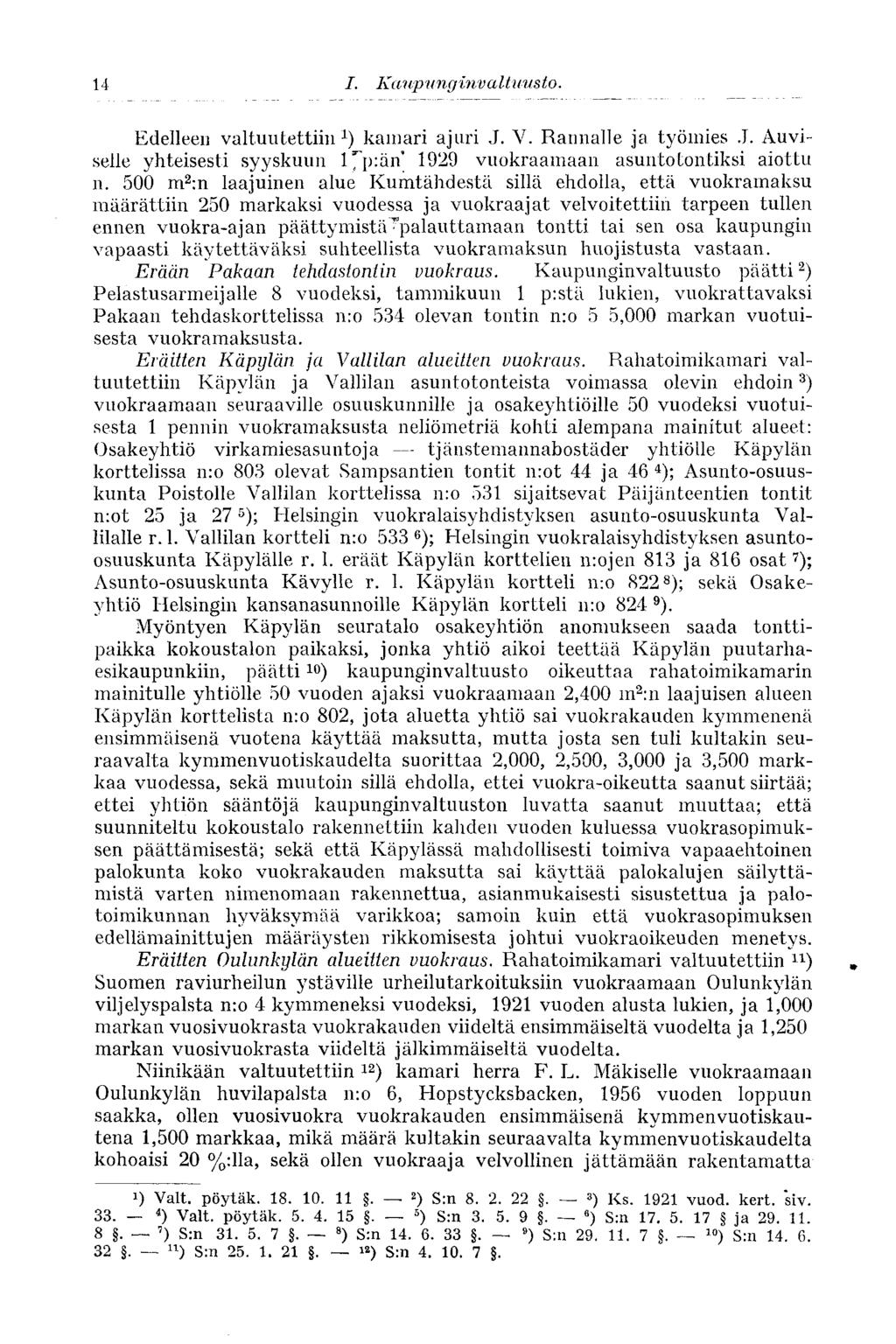 14 Edelleen valtuutettiin 1 ) kamari ajuri J. V. Rannalle ja työmies J. Auviselle yhteisesti syyskuun l^p:än 1929 vuokraamaan asuntotontiksi aiottu n.