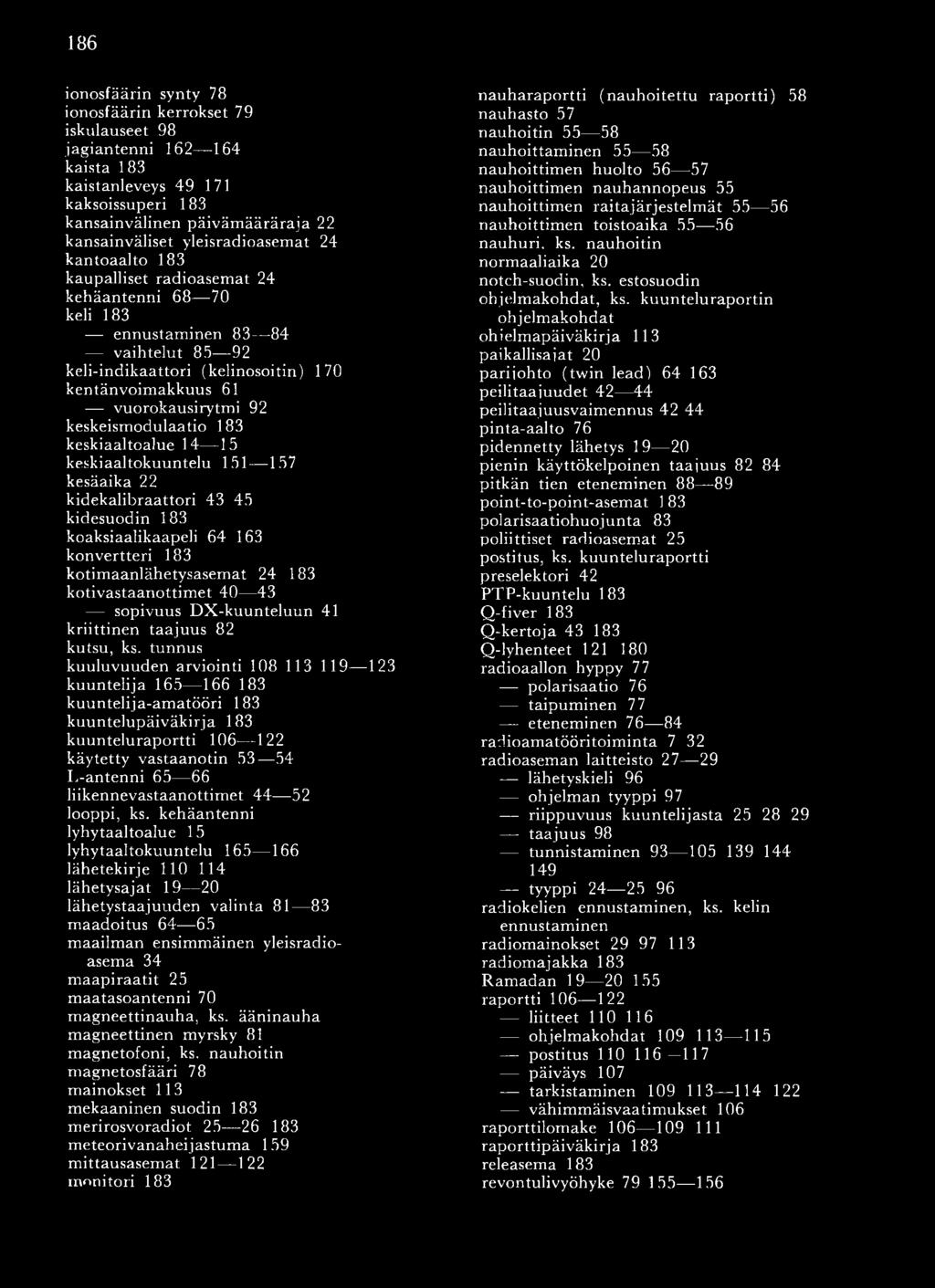 keskeismodulaatio 183 keskiaaltoalue 14 15 keskiaaltokuuntelu 151 157 kesäaika 22 kidekalibraattori 43 45 kidesuodin 183 koaksiaalikaapeli 64 163 konvertteri 183 kotimaanlähetysasemat 24 183