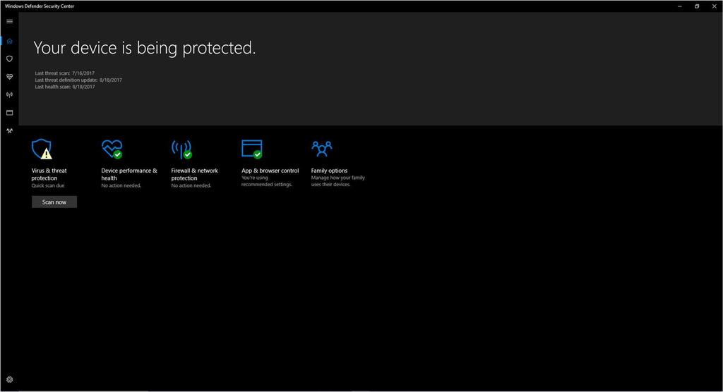 18 KUVA 4. Windows Defenderin etusivu Creators Update -päivityksen jälkeen.