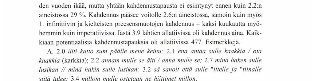 d) Allatiivi Allatiiveja oli muutama odotuksenmukaisessa kahdennusasemassa jo ennen kahden vuoden ikää, mutta yhtään kahdennustapausta ei esiintynyt ennen kuin 2.2:n aineistossa 29 %.