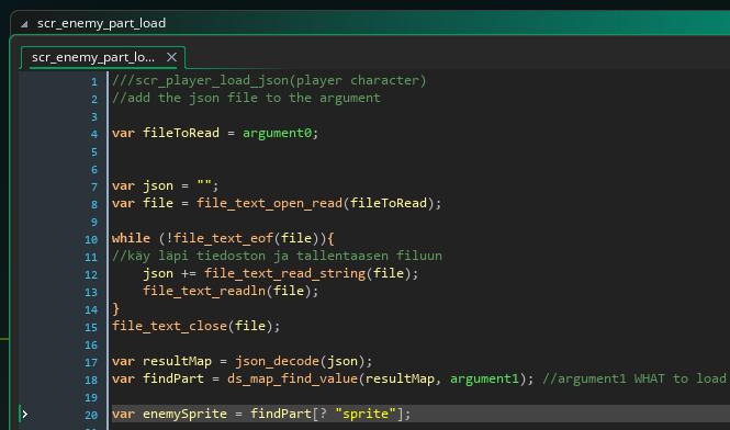 Game Makerissa JSON-tiedostot avataan json_decode()-funktiolla, joka muuttaa JSON-tiedoston DS mapiksi (Yoyo Games 2017n, viitattu 28.9.2017).