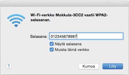 ➃ ➄ Seuraavaksi ipad kysyy langattoman verkon salasanaa. Valitse sen jälkeen salasana, jonka nimi on Kotimokkulan takaosan tarrassa. Paina Liity. Nyt internetyhteys toimii.