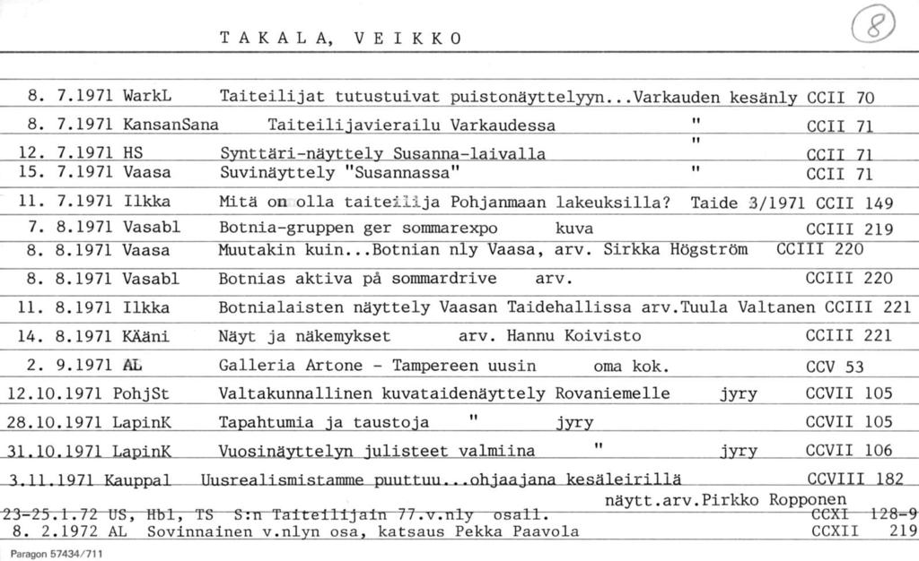 Tampereen TAKALA VEIKKO S 8 71971 WarkL 8 71971 Kansan Sana 12 71971 HS 15 71971 Vaasa 11 71971 Ilkka 7 81971 Vasabl 8 81971 Vaasa 1T 871971 Vasabl 11 81971 Ilkka 14 81971 KÄäni 2 91971 AL 12101971