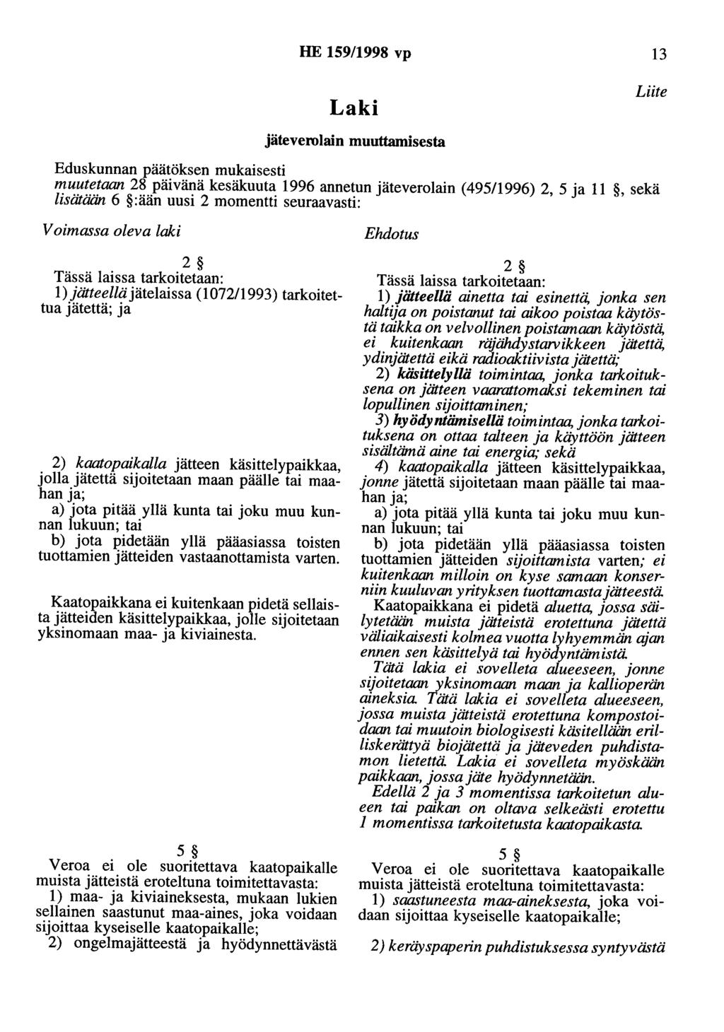 HE 159/1998 vp 13 Laki jäteverolain muuttamisesta Eduskunnan päätöksen mukaisesti muutetaan 28 päivänä kesäkuuta 1996 annetun jäteverolain ( 49511996) 2, 5 ja 11, sekä lisätään 6 :ään uusi 2 momentti