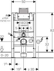 Installationselement för vägghängd WC med Geberit Sigma inbyggnadscistern. Frontmanövrering. Vattenanslutning till vänster, höger och uppifrån.