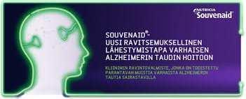 Souvenaid-ravintovalmiste Varhaisen Alzheimerin taudin ravitsemushoitoon tarkoitettu ravintovalmistejuoma. Voi olla hyötyä varhaista Alzheimerin tautia sairastaville.
