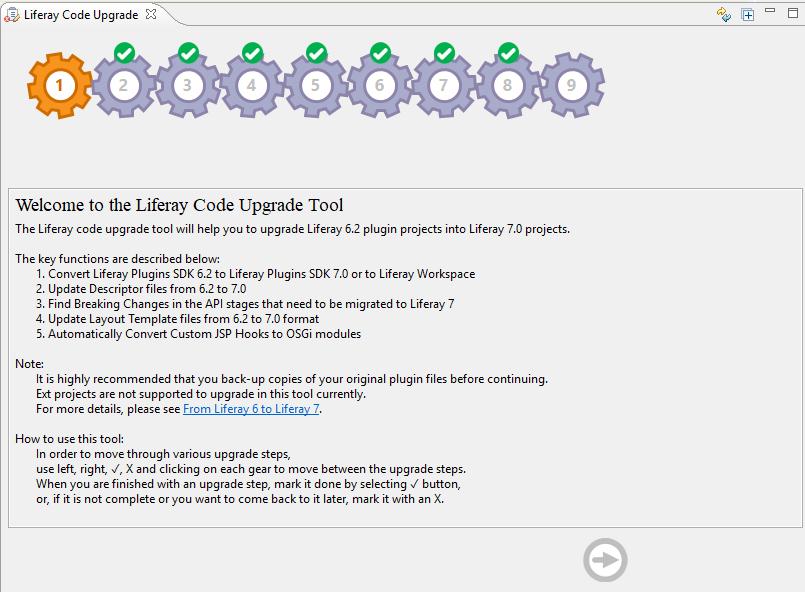 35 KUVA 14 Liferay Code Upgrade Tool -työkalun ensinäkymä Työkalun käyttö on suoraviivaista ja melko yksinkertaista ja
