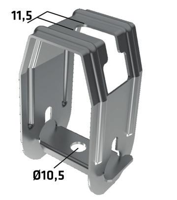 Kiinteässä kulmakappaleessa on kolme Ø 4,3 mm:n reikää, jotka on tarkoitettu 4 mm:n pop-niiteille tai peltiruuveille ST4.2 (B8). Maksimikuorma 125 kg. Murtovarmuus 1,7 kertaa maksimikuorma.