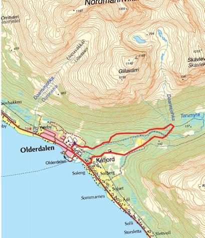 i 4. OLDERDALEN/ DÁLVVESVÁGGI RUNDT km km Parkplaz in Olderdalen, zwischen Kulurhaus und Schule Markierer Weg Olderdalenin koulu /