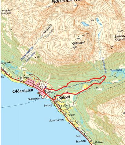 i 4. OLDERDALEN/ DÁLVVESVÁGGI RUNDT km km Parkplaz in Olderdalen, zwischen Kulurhaus und Schule Markierer Weg Olderdalenin koulu /