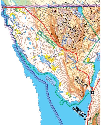 i 12. TRERIKSRØYSA km Parkplaz an der E8, direk hiner dem Grenzübergang in Richung Kilpisjärvi/Gilbbesjavri Orange markiere Holzsäbe Von Kilpisjärvi: 22 km Dreiländereck: 490 m ü M