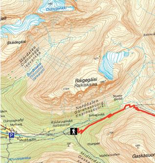 i 15. NORDDALEN/GÁRANASSUORGI km Von Haeng aus, biegen Sie öslich des Flusses in das Kidalen (ausgeschilder) ab.