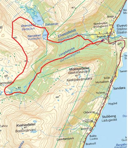 17. RUNDWEG ELVEVOLL/ STÁLLOVÁGGI KIERTOREITTI km Am Vesersida Zenrum in Elvevoll.