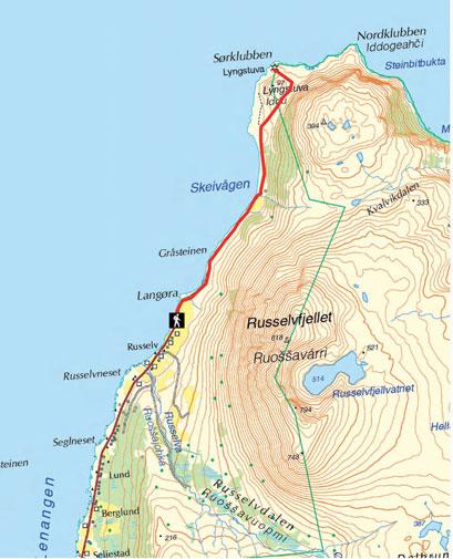 i 25. LYNGSTUVA/IDDU Parkplaz in Russelv/Ruoššajohka Parkkipaikka Russelvilla km Gu erkennbarer Weg 6 km 6 km