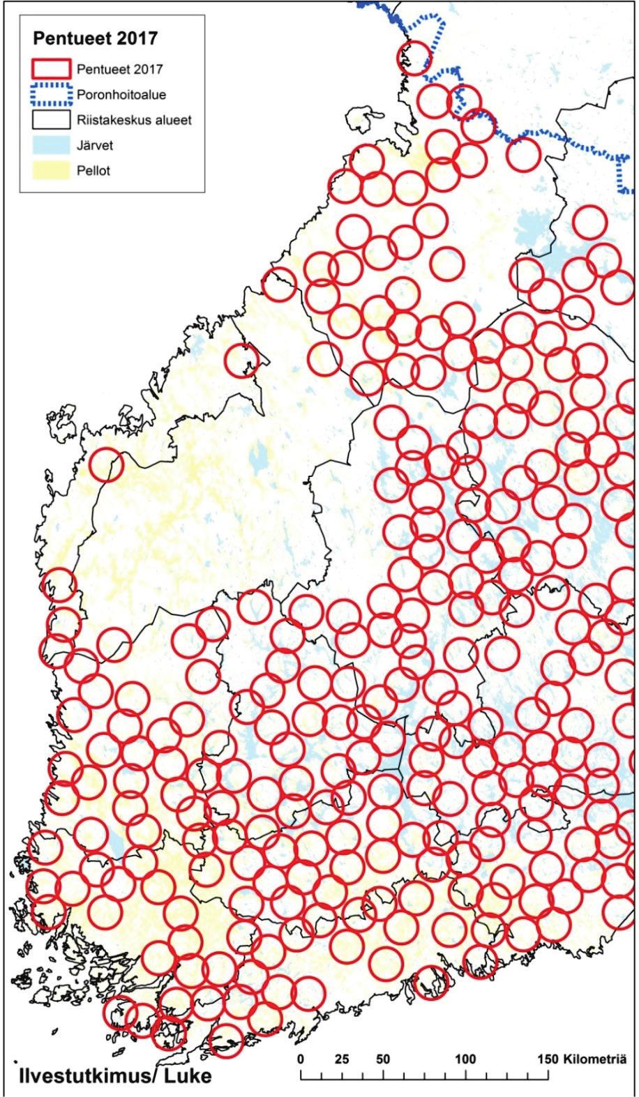 1.1.2. Poronhoitoalueen eteläpuolinen muu Suomi Muun Suomen alueella ilvesten määrä on pääosin laskussa tai lähellä edellisen vuoden tasoa.