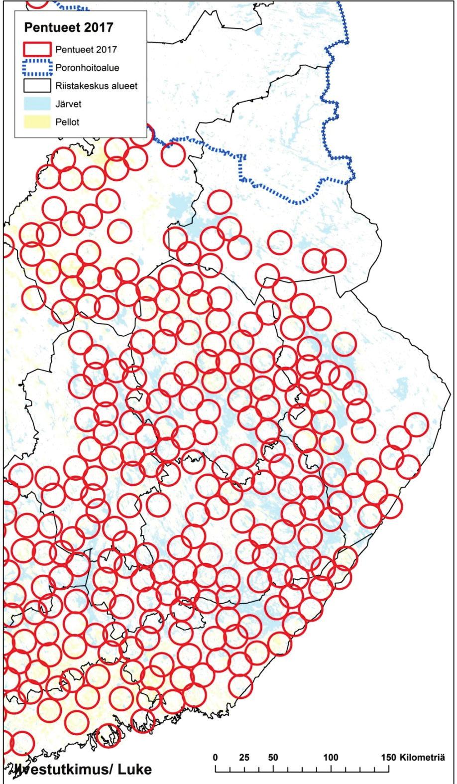 Kuva 7. Ilvespentuehavainnoista johdettu arvio erillisistä pentueista vuonna 2017: Itäinen alue.