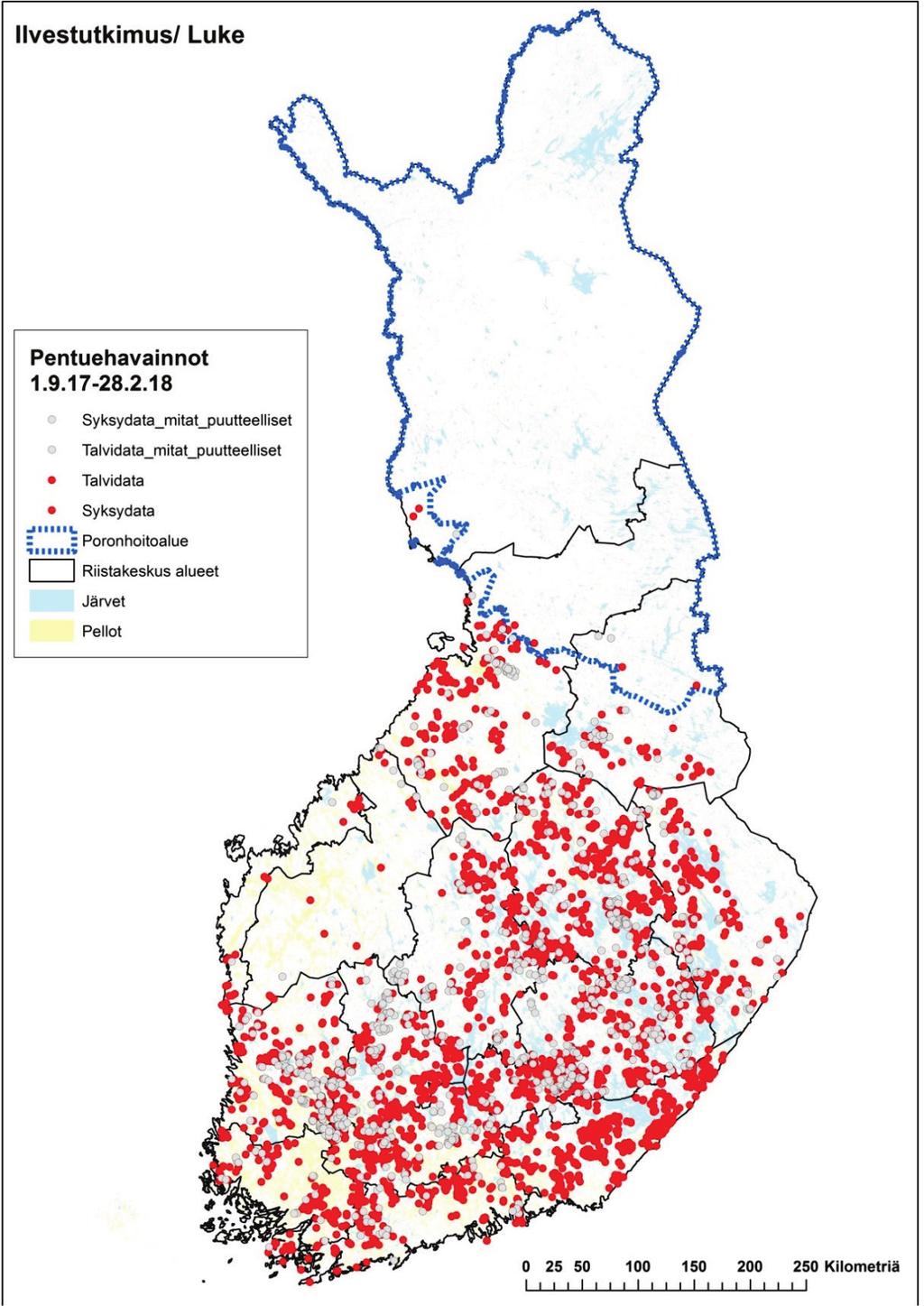 Kuva 9. Ilvespentuehavainnot ajalta 1.9.17 28.2.18: koko Suomi. Pentuehavainnossa on havaittu vähintään yksi aikuinen ja vähintään yksi alle vuoden ikäinen pentu.