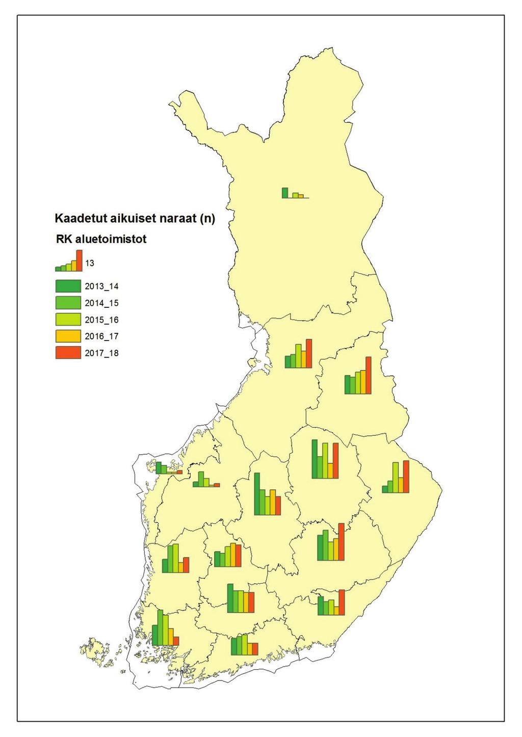 0 17 22 21 2 2 11 19 22 9 13 12 15 5 7 Kuva 17. Aikajaksolla 1.10. 28.2. metsästettyjen aikuisten naaraiden lukumäärä metsästysvuosittain 2009/2010 2017/2018 Suomessa.