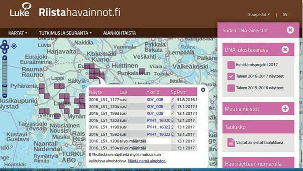Kuva 5. Määritettyjen DNA näytteiden yksilöintitietoja voi selata Riistahavainnot.fi palvelussa. 2.1.4.
