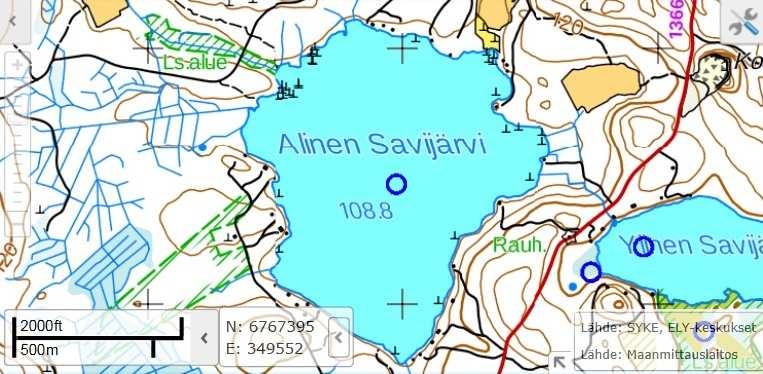 Vesinäytteet otettiin Alinen Savijärvi, keski 1 näytepisteeltä. Kartta OIVA, Ympäristö ja paikkatietojärjestelmästä.