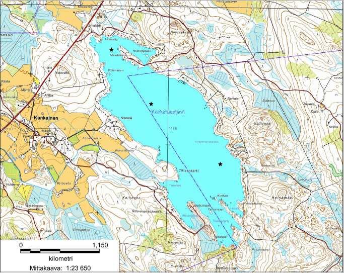 Tervasaari Keskiosa 2 Kivikari Kankaistenjärven näytepisteet vuonna 2016. Pohjakartta Maanmittauslaitos. Vuoden 2016 näytteenotto Kankaistenjärven vesinäytteet otettiin 10.8.