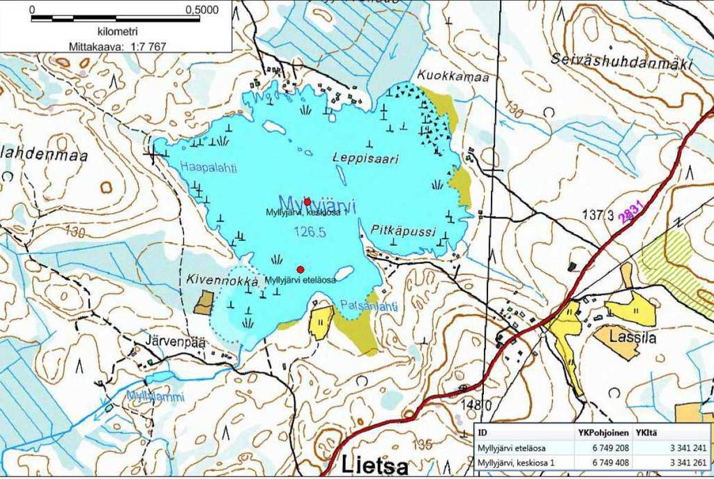 Vesinäyte otetiin Myllyjärvi, keskiosa 1 pisteeltä 14.7.2015. Pohjakartta Maanmittauslaitos. Käytiin katsomassa Pitkäjärvestä laskevaa puroa, jonka suulla Myllyjärven päässä ei ollut virtausta.