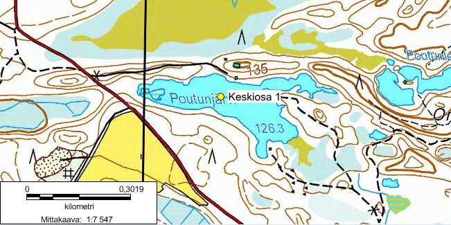 Poutunjärven näytteenottoasema, keskiosa 1. Pohjakartta Maanmittauslaitos. Poutunjärven näyteasema on nimeltään Keskiosa 1.