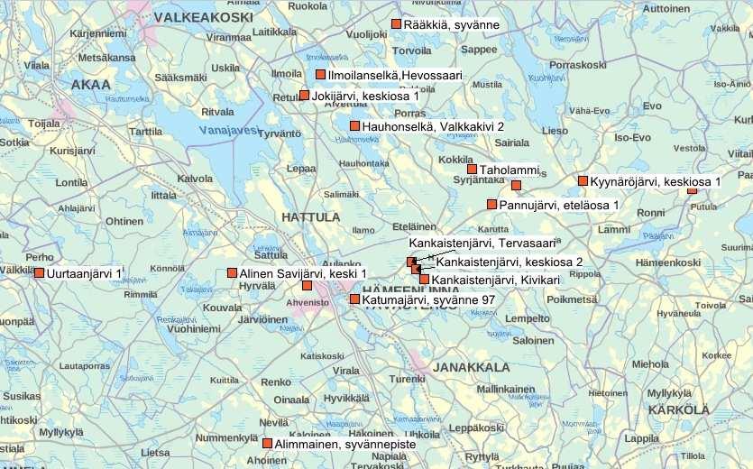 Vesistönäytepisteet vuonna 2017 Pohjakartan