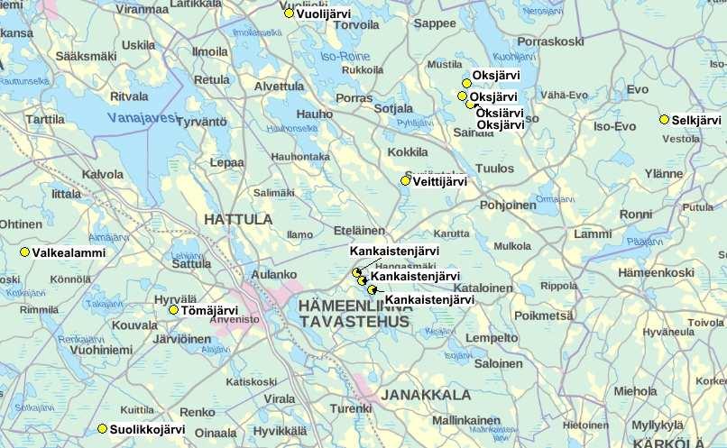 Vesistönäytepisteet vuonna 2016 Pohjakartan