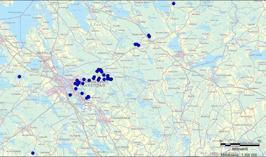 Vesistönäytepisteet vuonna 2015 Pohjakartan