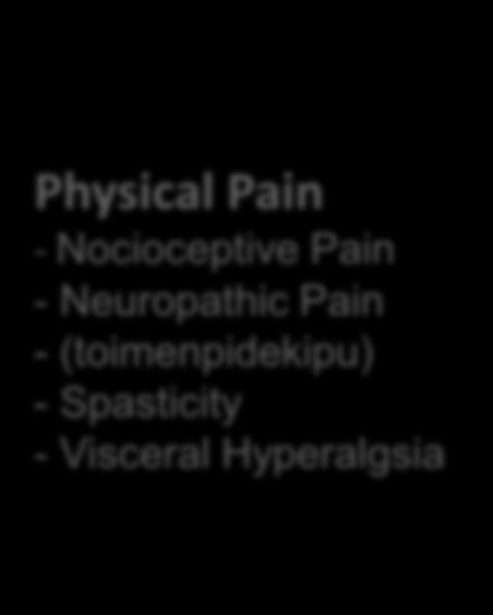 Starting point of my work USEIN KIVUNHOITO Total PAIN/ Suffering Physical Pain - Nocioceptive Pain - Neuropathic Pain - (toimenpidekipu) - Spasticity - Visceral Hyperalgsia Hoidon sivuvaikutukset