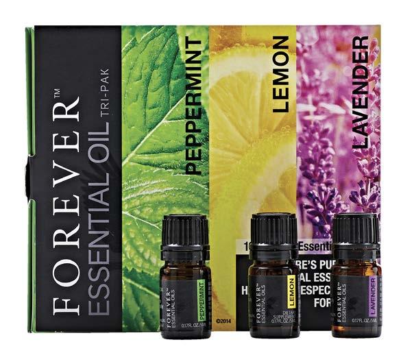 Essential Oils Forever Essential Oils Tri-Pak Raikas piparminttu, mieltä ylentävä sitruuna ja suloinen laventeli.