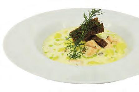 Alkuruokia / First Course Lohikeitto / Salmon soup (L) 10,50 Lohta kermaisessa liemessä joka on maustettu tilliöljyllä, tarjoillaan paahdettujen ruispölkkyjen kanssa Salmon in creamy