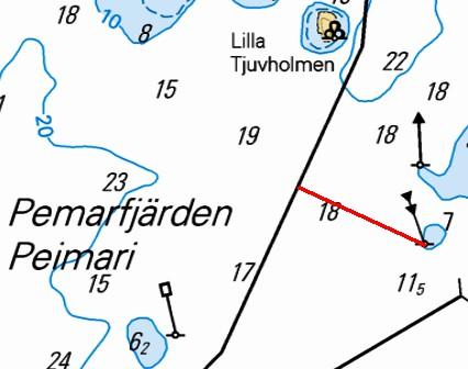 75 / 94 Bilden invid visar en farled (utanför Pellinge, Borgå) där man stöder både småfartygs och båttrafik. Farleden är en genväg mellan två punkten i 9-meters farleden som går strax söderom bilden.