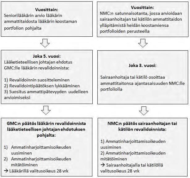 Kuvio 2. Lääkärien (Archer & Regan de Bere 2013, GMC 2017) sekä sairaanhoitajien ja kätilöiden (Myatt 2015, NMC 2017) revalidointi-prosessi Iso-Britanniassa Suomessa ei ole käytössä revalidointia.