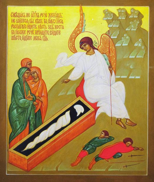PÄÄSIÄINEN Mirhantuojanaiset haudalla Ensimmäiset ihmiset, jotka kokivat Kristuksen ylösnousemuksen, olivat naisia. TEKSTI REIJO MARJAMAA KUVA ORTODOKSIVIESTIN ARKISTO Kristus nousi kuolleista!