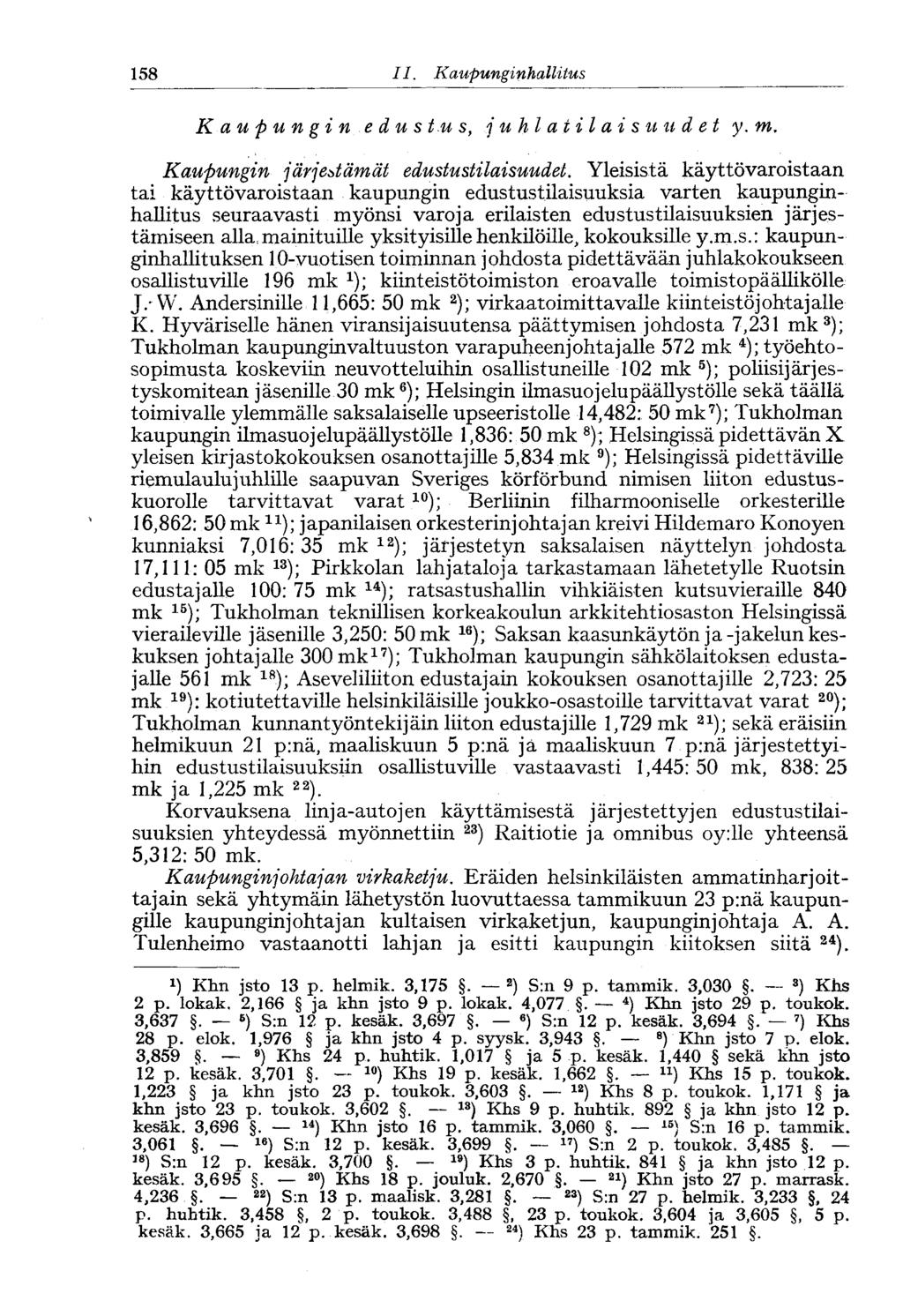 158 II. Kaupunginhallitus Kaupungin edustus, juhlatilaisuudet y.m. Kaupungin järjestämät edustustilaisuudet.