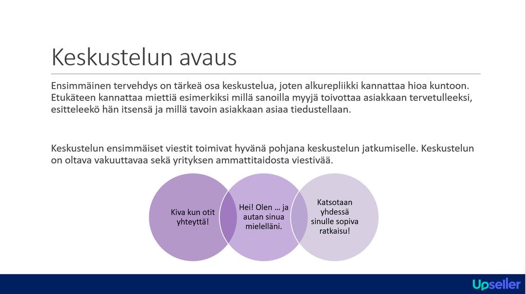 Keskustelun avaus on tärkeä osa myyntikeskustelua, sillä sen aikana luodaan ensivaikutelma. Avauksen tarkoituksena on rikkoa jää ja kasvattaa luottamussuhdetta myyjän ja asiakkaan välille.