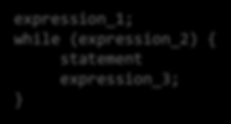 While ja For expression_1; while (expression_2) { statement expression_3; } on sama kuin: for