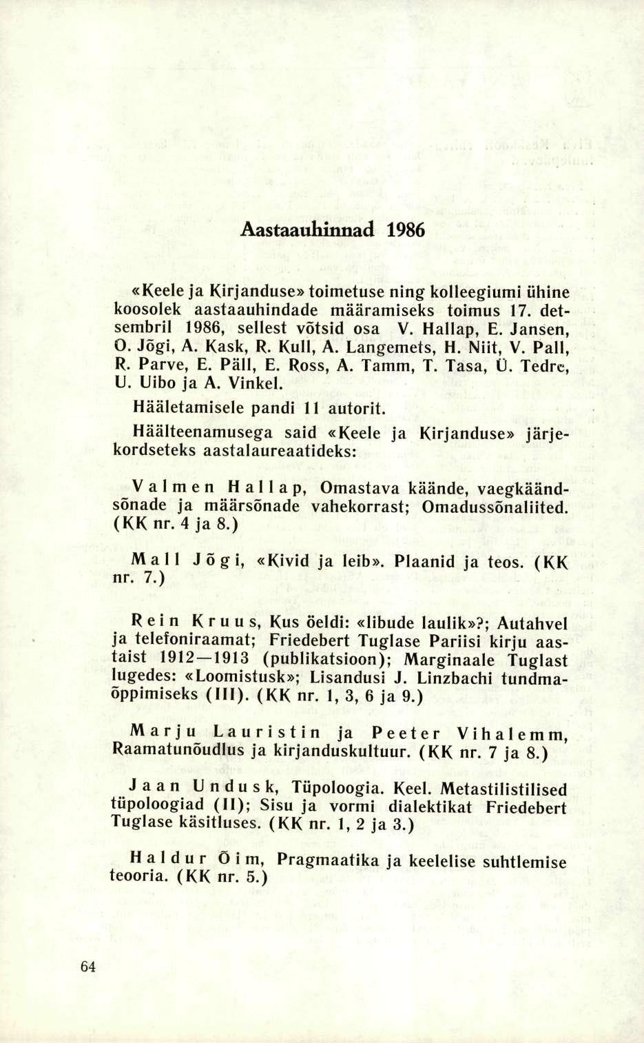 Aastaauhinnad 1986 «Keele ja Kirjanduse» toimetuse ning kolleegiumi ühine koosolek aastaauhindade määramiseks toimus 17. detsembril 1986, sellest võtsid osa V. Hallap, E. Jansen, O. Jogi, A. Kask, R.