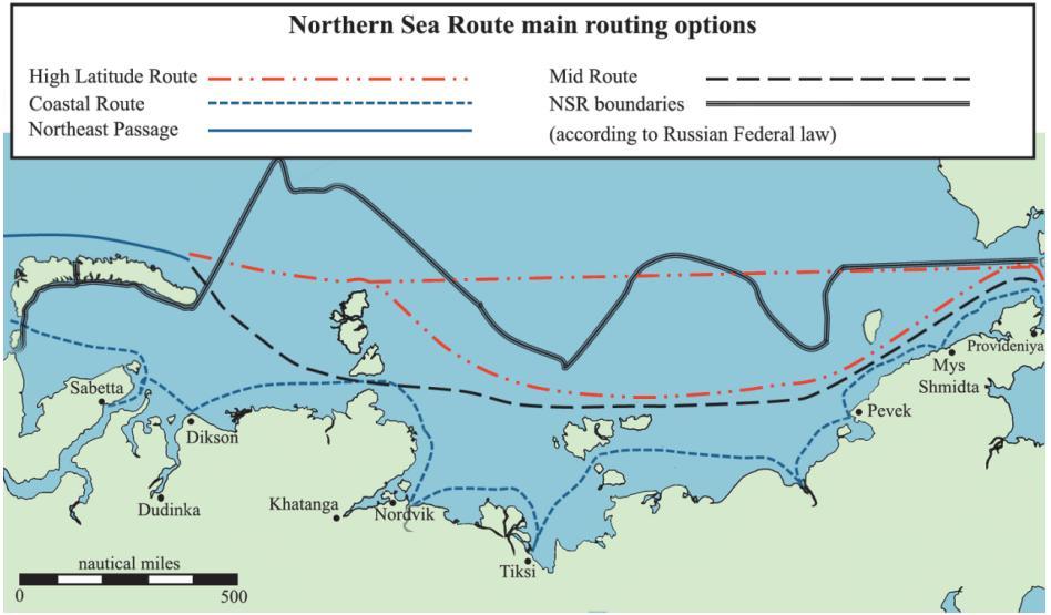 11 / 70 Kuvat 5 ja 6. Koillisväylän reittivaihtoehdot (Kiiski 2017). Meriliikennettä arktisilla alueilla sääntelee IMO:n (International Maritime Organization) ns. Polar Code. Se mm.