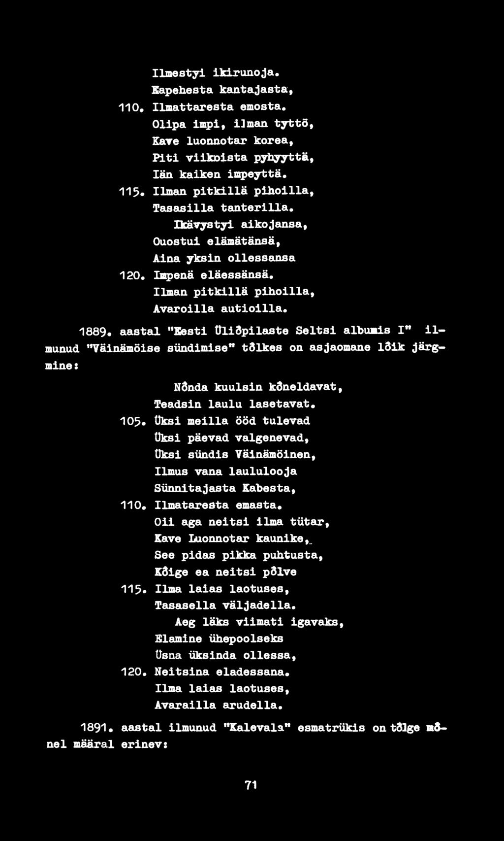 1889«aastal "Eesti OllSpllaste Seltsi albukls I** ilmunud "Välnämölse sündimise** tslkes on asjaomane l3lk järgmine : Ndnda kuulsin kõneldavat. Teadsin laulu lasetavat. 10^.