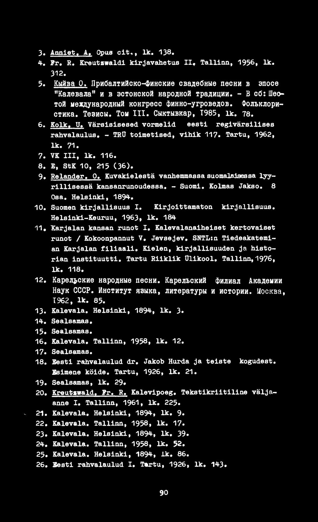 Kolk, и» Värsisisesed vormelid eesti regivärsilises rahvalaulus, - TRÜ toimetised, vihik 117. Tartu, 1962, lk. 71. 7. VK III, lk, 116. 8. E, StK 10, 215 (36), 9. Relander. 0.