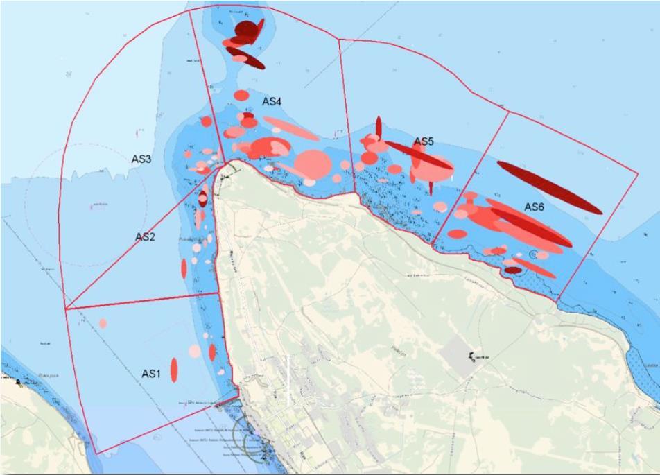 Pakrineeme Sadama OÜ Paldiski LNG terminali kai ehitamise vee erikasutusloa KMH 50 Joonis 28 (b). Aulikogumite paiknemine uuringualal 2012-13 (a) ja 2013-14 (b) vaatlusperioodide jooksul.