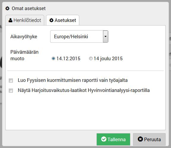 6 Asetukset -välilehdellä voit määrittää profiilisi aikavyöhykkeen ja päivämäärien muodon.