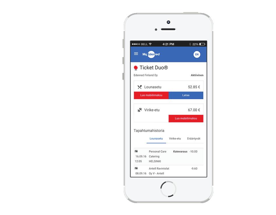 MyEdenred mobiilimaksu ja kaikki muut kortinhaltijan tarvitsemat toiminnot yhdessä palvelussa MyEdenred on helppokäyttöinen ja maksuton palvelu, jolla työntekijä voi maksaa lounaansa, tarkistaa