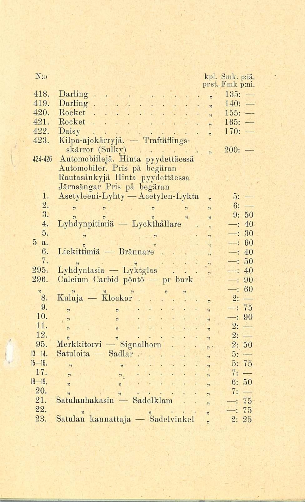 Lyktglas * : 170: 200; R:0 kpl Smk p;iä prst Fmk pmi 418 Darling 135: 419 Darling 140: 420 Rocket 155: 421 Rocket 422 Daisy 428 Kilpaajokärryjä Traftäflingsskärror (Sulky) 124426 Automobiileja Hinta