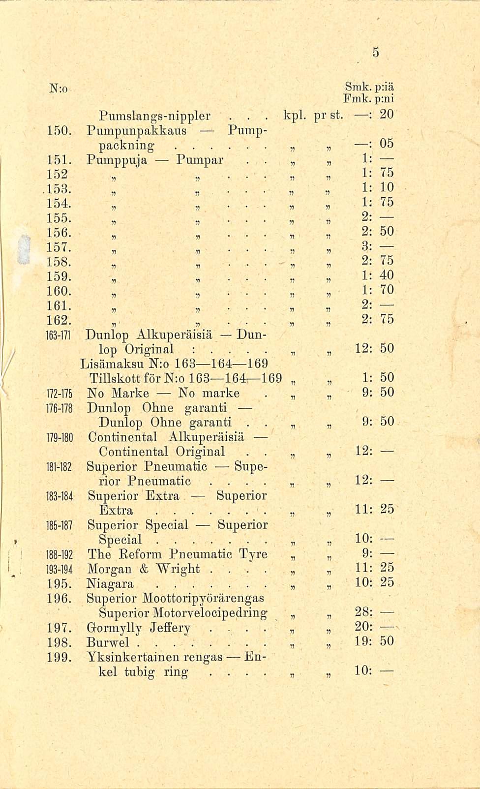 " " " kpl N:o Smk p;iä Fmk p:ni : Pumslangsnippler pr st 20 150 Pumpunpakkaus Pumppaokning 05 : 151 Pumppuja Pumpar 1: 152 1: 75 153 1: 10 154 1: 75 155»» 156 2: 50 157 3: 158 2: 75 159 i: 40 160 1:
